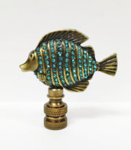 Load image into Gallery viewer, TROPICAL FISH W/Aqua rhinestones Lamp Finial-Aged Brass Finish, Highly detailed metal casting
