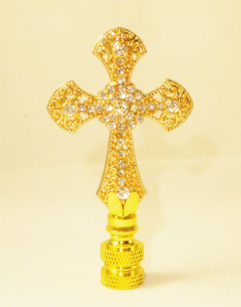 LATIN CROSS Clear Rhinestone Lamp FinialGold Finish, Polished Brass B