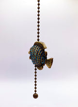 Load image into Gallery viewer, TROPICAL FISH Fan/Socket Pull Chain, Antique Brass Finish-13" Beaded Chain-Aqua Rhinestones