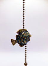 Load image into Gallery viewer, TROPICAL FISH Fan/Socket Pull Chain, Antique Brass Finish-13" Beaded Chain-Aqua Rhinestones
