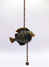 Load image into Gallery viewer, TROPICAL FISH Fan/Socket Pull Chain, Antique Brass Finish-13" Beaded Chain-Aqua Rhinestones