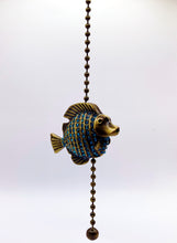 Load image into Gallery viewer, TROPICAL FISH Fan/Socket Pull Chain, Antique Brass Finish-13" Beaded Chain-Aqua Rhinestones