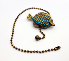Load image into Gallery viewer, TROPICAL FISH Fan/Socket Pull Chain, Antique Brass Finish-13" Beaded Chain-Aqua Rhinestones