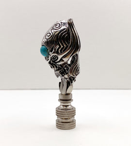 Holiday-Halloween Lamp Finial-SKULL&TURQUOISE BEAD-Antique Silver Finish w/SN Base