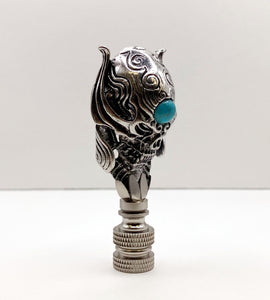 Holiday-Halloween Lamp Finial-SKULL&TURQUOISE BEAD-Antique Silver Finish w/SN Base
