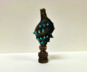 CAST SEA SHELL Lamp Finial with Aqua Rhinestones Aged Brass Finish, Highly detailed metal casting