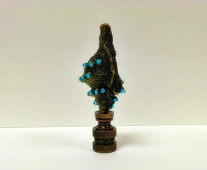 CAST SEA SHELL Lamp Finial with Aqua Rhinestones Aged Brass Finish, Highly detailed metal casting
