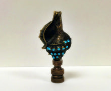 Load image into Gallery viewer, CAST SEA SHELL Lamp Finial with Aqua Rhinestones Aged Brass Finish, Highly detailed metal casting