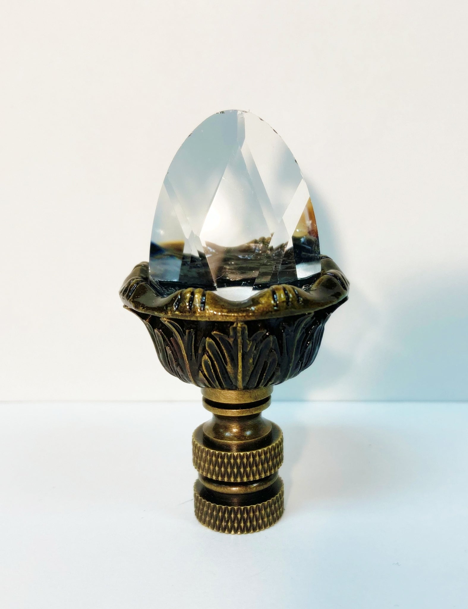ACANTHUS ACORN w-Crystal Top Lamp Finial, Aged Brass Finish