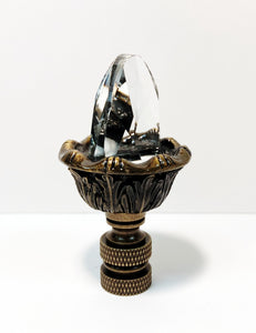 ACANTHUS ACORN w-Crystal Top Lamp Finial, Aged Brass Finish, Highly detailed metal casting