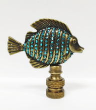 Load image into Gallery viewer, TROPICAL FISH W/Aqua rhinestones Lamp Finial-Aged Brass Finish, Highly detailed metal casting