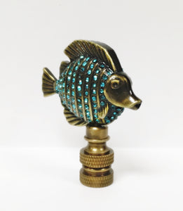 TROPICAL FISH W/Aqua rhinestones Lamp Finial-Aged Brass Finish, Highly detailed metal casting