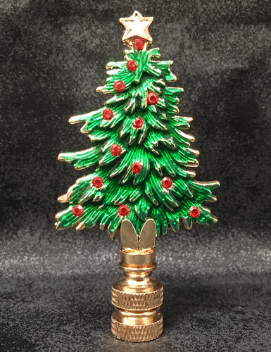 Holiday-Christmas Lamp Finial-CHRISTMAS TREE-Polished Brass/Green Enamel Finish, Detailed metal casting