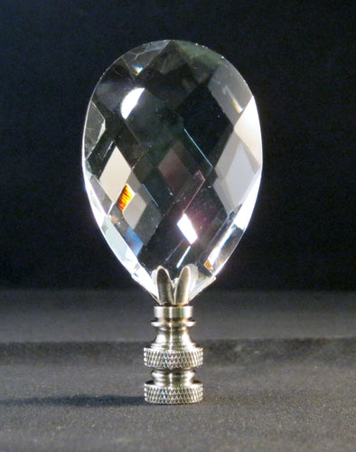 GLASS FACETED ALMOND-Lamp Finial-Clear, Satin Nickle Finish