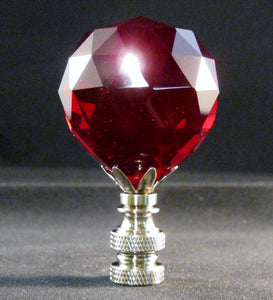 CRYSTAL FACETED BALL-Lamp Finial-Red, Satin Nickel Finish