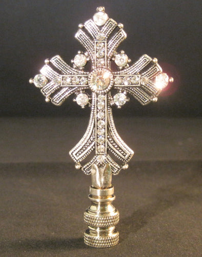 LATIN CROSS Rhinestone Lamp Finial-Antique Silver Finish