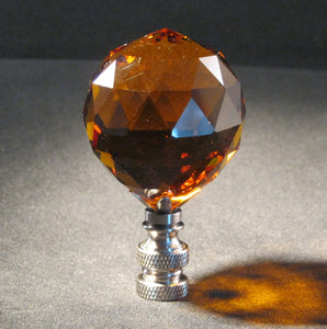 CRYSTAL FACETED BALL-Lamp Finial-Dark Amber, Satin Nickel Finish