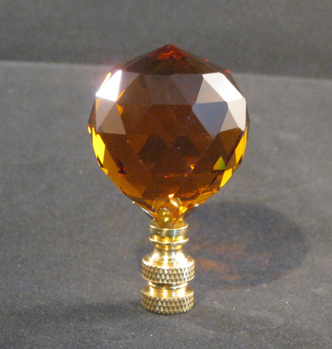 CRYSTAL FACETED BALL-Lamp Finial-Dark Amber, Polished Brass Finish