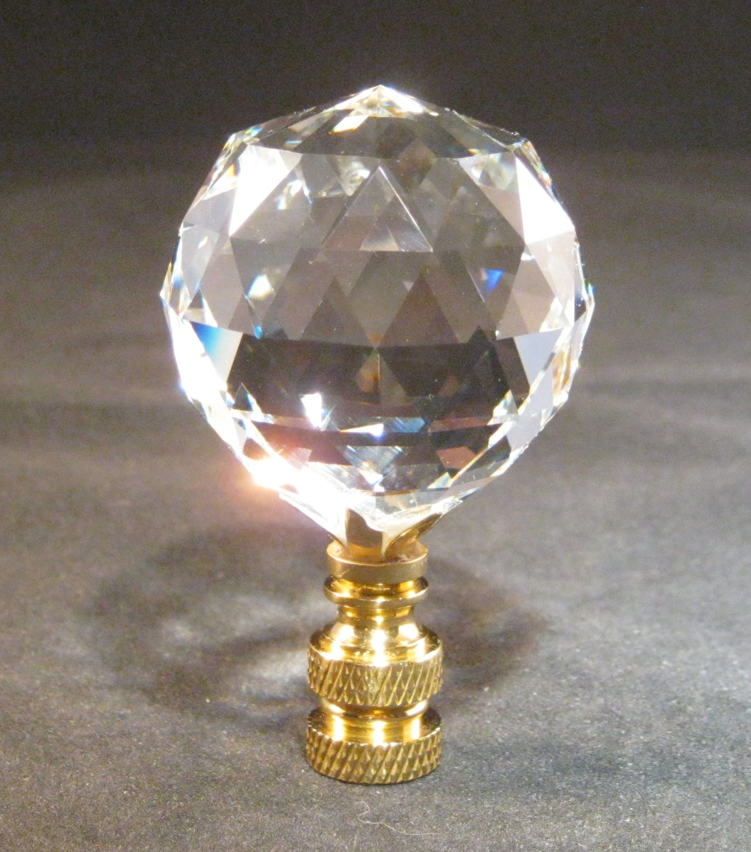 CRYSTAL FACETED BALL-Lamp Finial-Clear, Polished Brass Finish