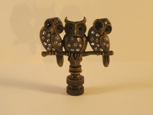 OWLS ON BRANCH Rhinestone Lamp Finial-Antique Brass Finish