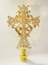 Load image into Gallery viewer, LARGE LATIN CROSS Rhinestone Lamp Finial-Gold Finish, Polished Brass Base