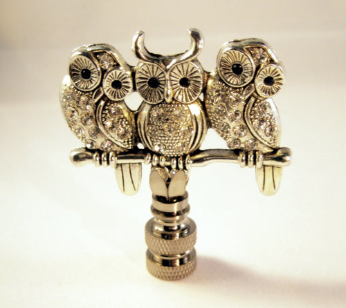 OWLS ON BRANCH Rhinestone Lamp Finial-Antique Silver Finish