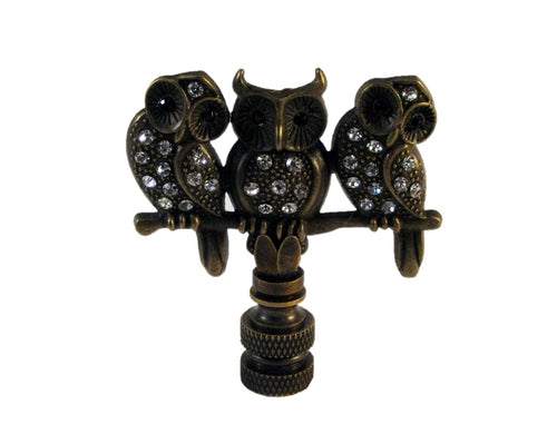 OWLS ON BRANCH Rhinestone Lamp Finial-Antique Brass Finish