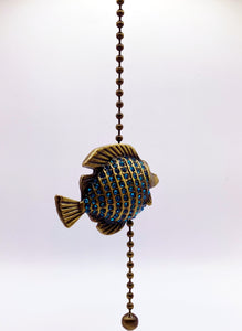 TROPICAL FISH Fan/Socket Pull Chain, Antique Brass Finish-13" Beaded Chain-Aqua Rhinestones