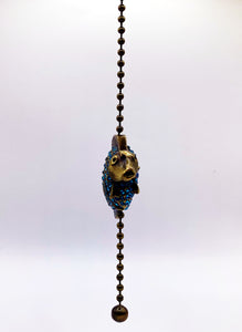TROPICAL FISH Fan/Socket Pull Chain, Antique Brass Finish-13" Beaded Chain-Aqua Rhinestones