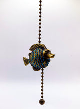 Load image into Gallery viewer, TROPICAL FISH Fan/Socket Pull Chain, Antique Brass Finish-13&quot; Beaded Chain-Aqua Rhinestones